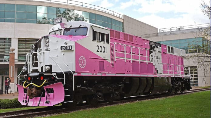 The unique, striking pink-colored locomotive was unveiled at Wabtec’s design and development center in Pennsylvania.