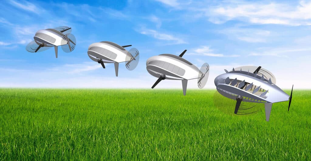 A concept illustration shows the hemi-drone's transition.