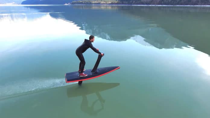 Advanced HydroFlyer e-foil with handlebars offers safer and easier ride.
