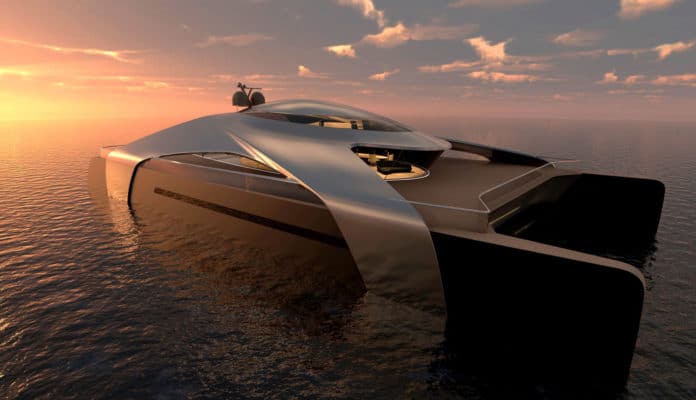 Hydrogen-powered catamaran concept for long-range zero-emission cruising.
