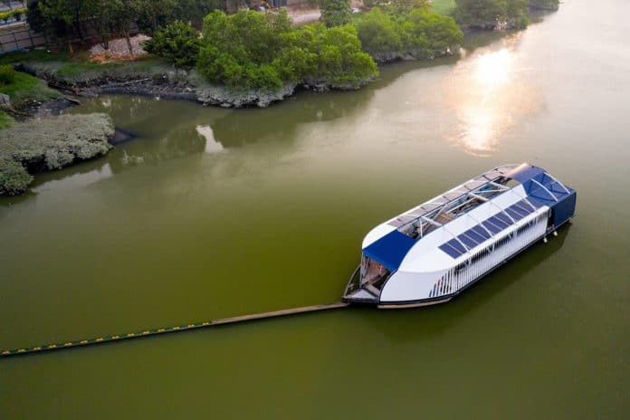 The Ocean Cleanup ‘interceptor’, a solar-powered floating device designed to scoop plastic out of rivers before it reaches oceans.