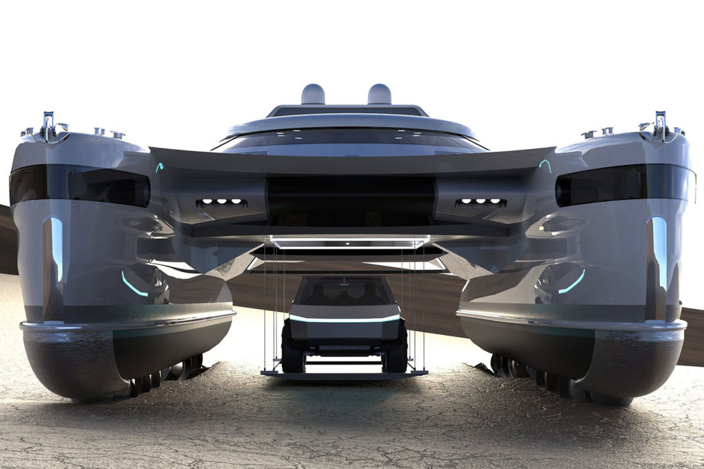 Pagurus, a solar-powered amphibious catamaran capable of moving also on land.