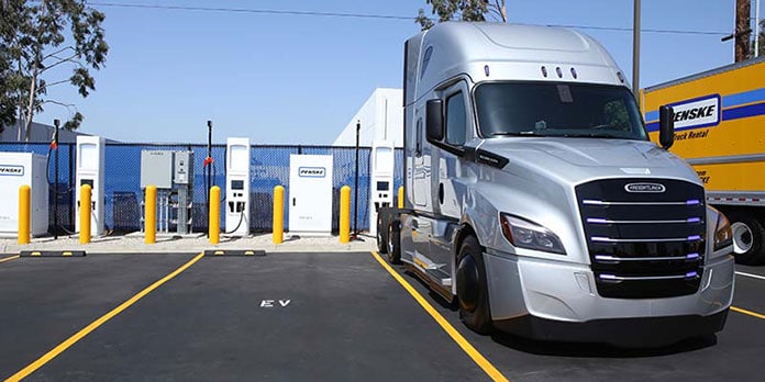 A Daimler electric truck is parked Wednesday in front of charging stations at Penske's La Mirada, Calif., service center. (Photo: Penske)