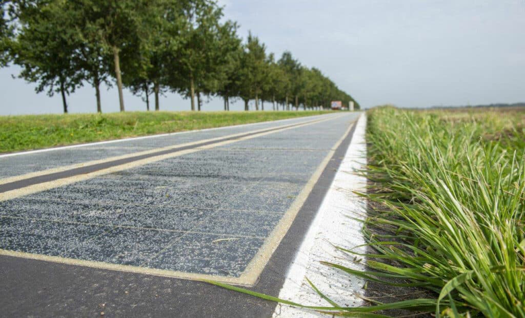 The trafficable, renewable energy-producing photovoltaic panels that are glued to the pavement.