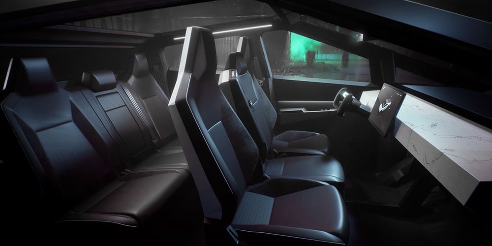 Tesla Cybertruck interior with a touchscreen for the infotainment system.