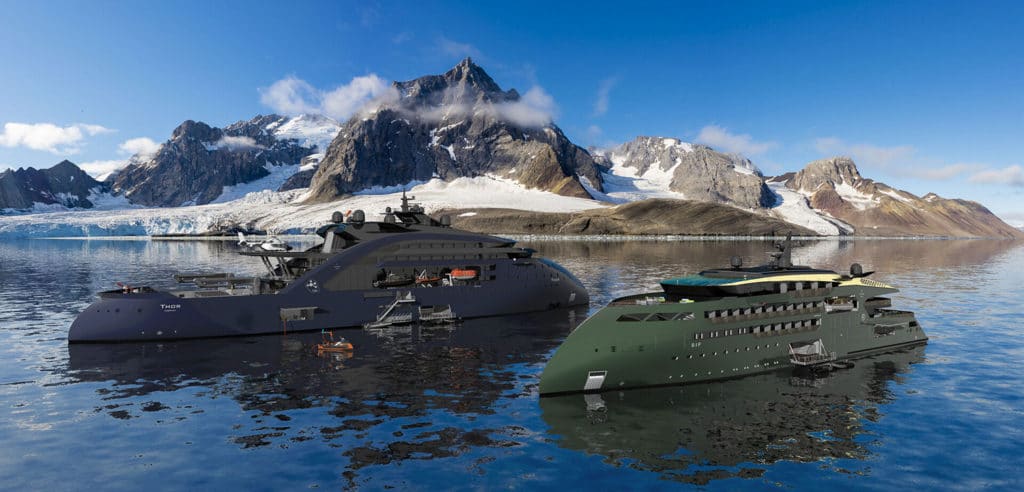 'Ulstein Thor' and 'Ulstein Sif' with an autonomous surface vehicle underway.