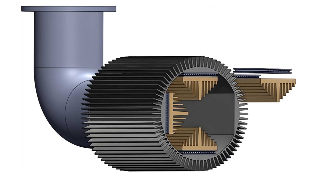 Researchers design and test a waste-heat recovery system, illustrated here, that attaches to a car tailpipe and converts heat from exhaust into energy. The fanned grooves on the outside of the pipe are the cold side of the device’s heatsink and the triangular components inside the pipe are plate-fin heat exchangers.