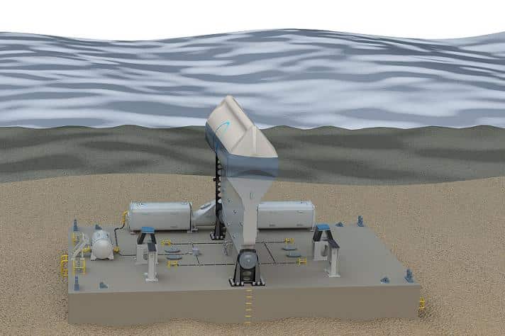 Rendering of the latest WaveRoller device in the water. 