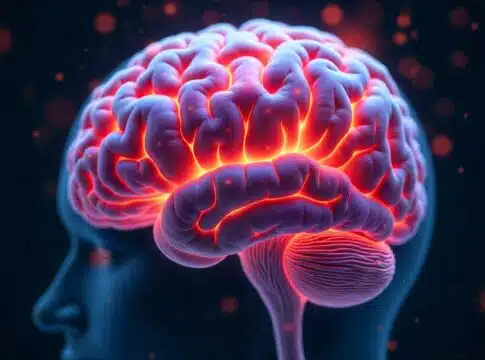 digital art representation of brain metastasis, featuring a close-up view of a brain with visible tumor growths and affected areas, using vibrant colors to indicate the severity of the condition, educational labels for clarity