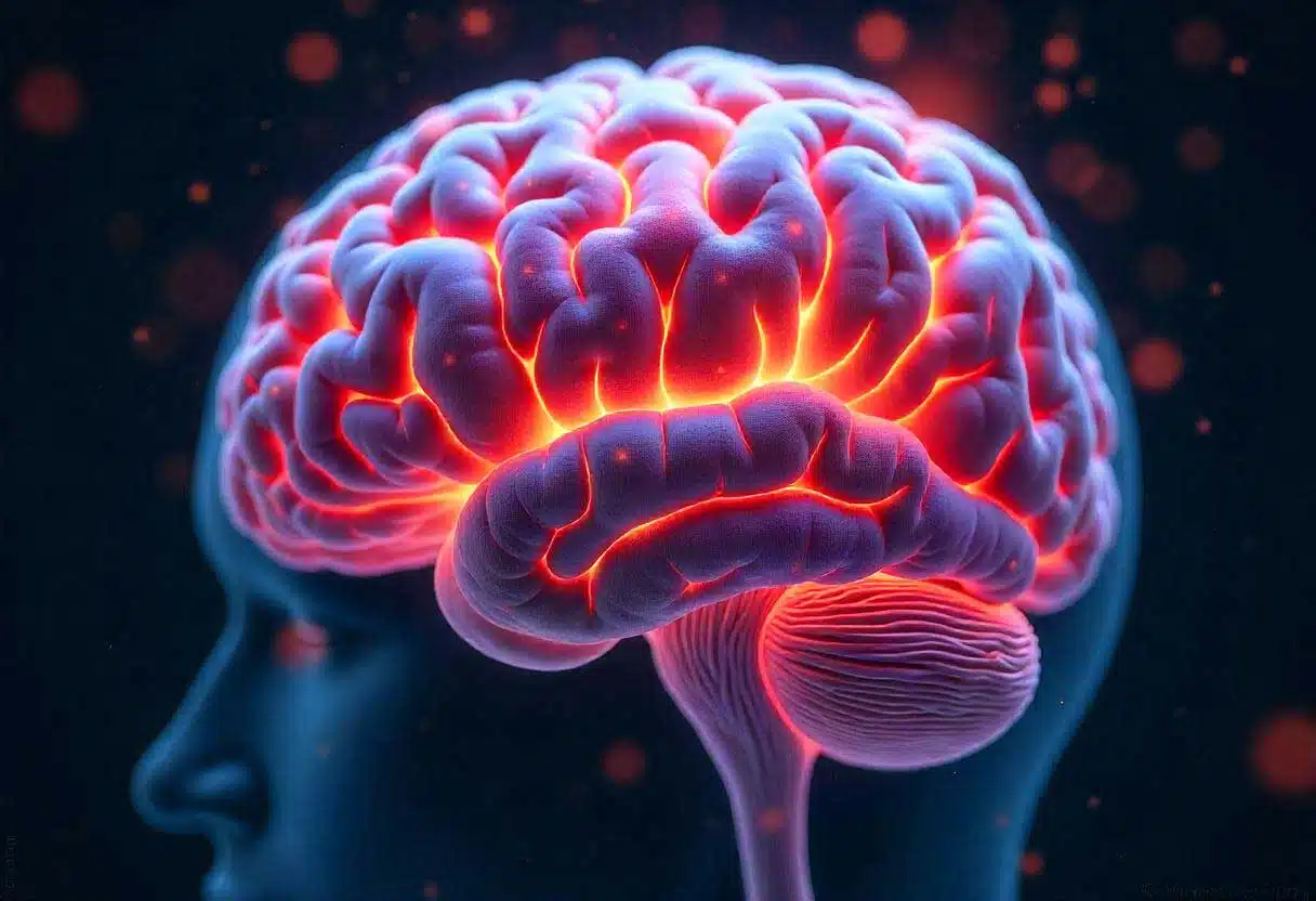 digital art representation of brain metastasis, featuring a close-up view of a brain with visible tumor growths and affected areas, using vibrant colors to indicate the severity of the condition, educational labels for clarity