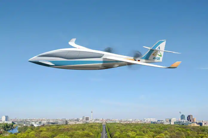 Electron 5 in Air2E branding flying above Berlin.