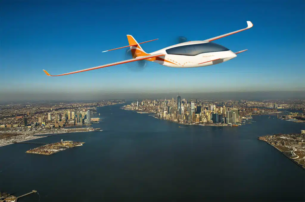 Electron 5 in HopscotchAir branding flying above New York