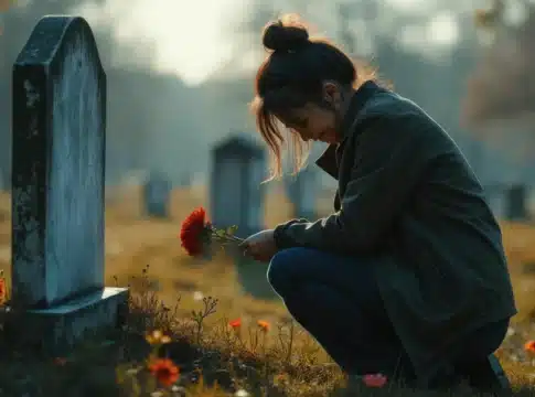 A woman kneels in a quiet cemetery placing flowers at a gravestone