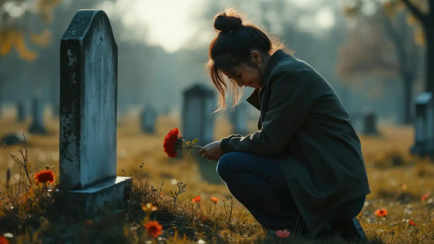 A woman kneels in a quiet cemetery placing flowers at a gravestone