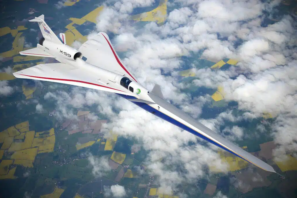 Artist illustration of the X-59 in flight over land.